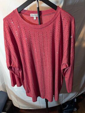 Stem & Vine 2XL Women's Red Long Sleeve T-Shirt w/Black & Silver Rhinestones